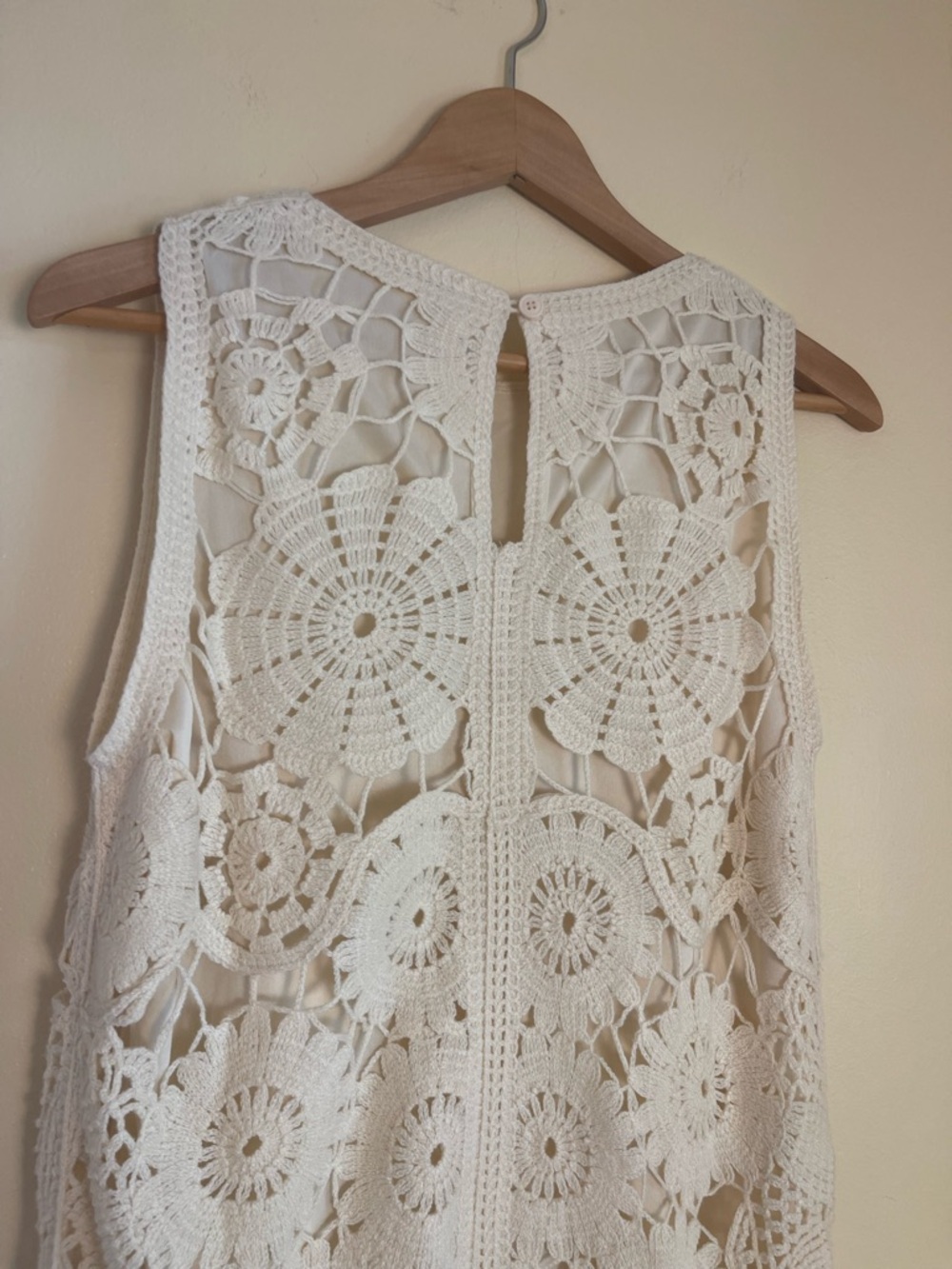 Boho Ivory Crochet Lace Shift Dress XL Lined Open Knit Coastal Wedding Guest - Picture 12 of 14